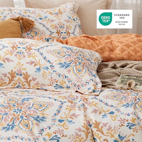 Image of Bedsure Duvet Cover Queen Size - Reversible Floral Duvet Cover Set with Zipper Closure, 3 Pieces Bohemian Orange Bedding Set with 8 Corner Ties and 2 Pillow Shams 20 inchx26 inch