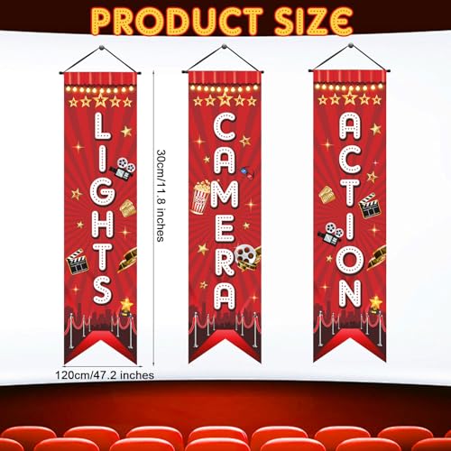Image of Tegeme 3 Pcs Movie Night Porch Sign Banner Movie Theme Party Decorations Theater Welcome Now Showing Light Camera Action Hanging Porch Sign for Home Film Backdrop Party Supplies (Red,Camera)