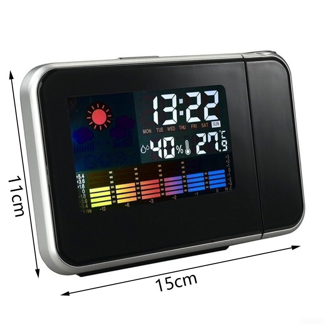 Sveglia a Proiezione con Display LED, Termometro Meteo, Schermo LCD, Funzione Snooze, Porta USB (Nero)