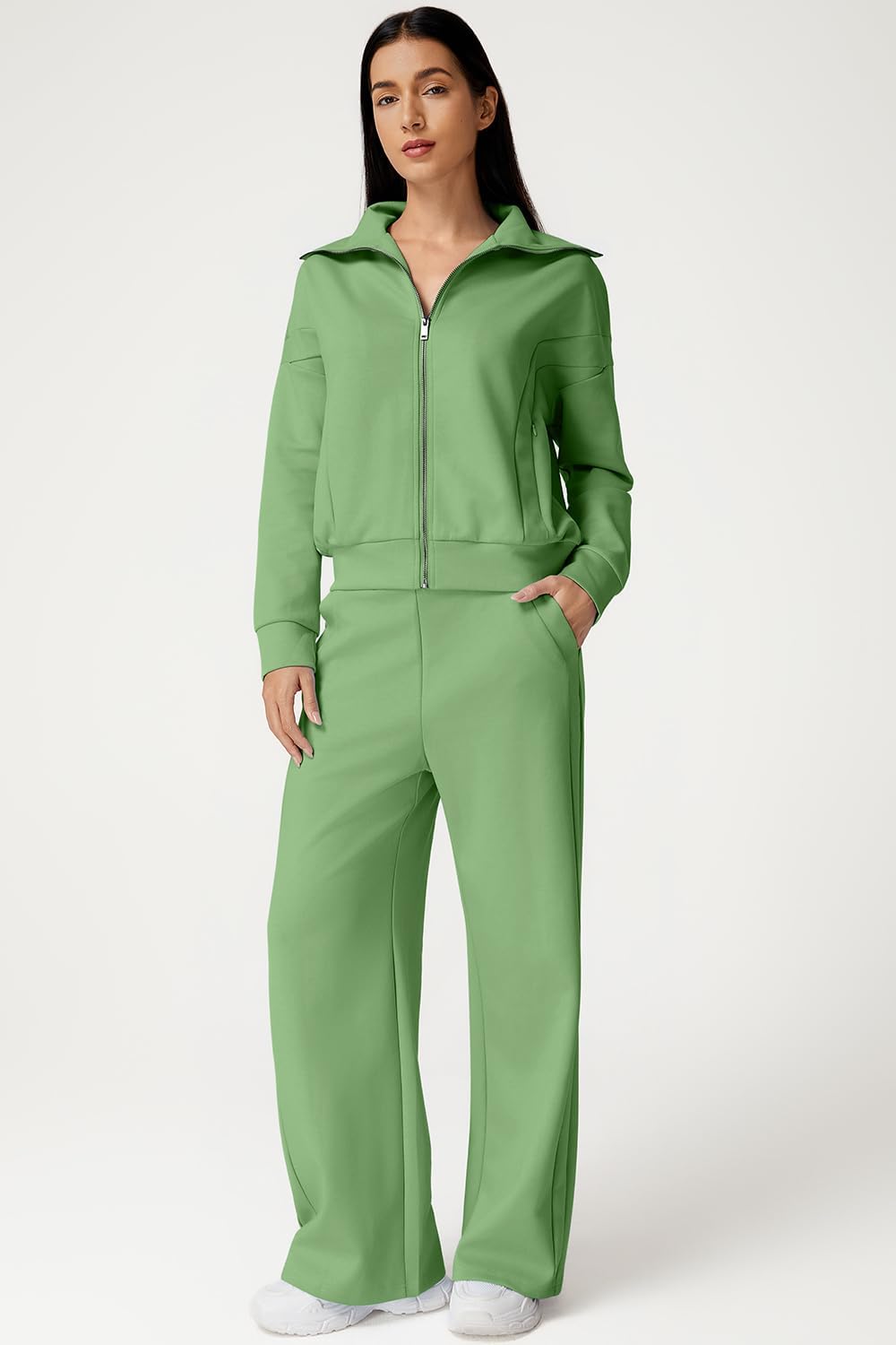 QINSEN Women's Cotton 2 Piece Outfits Lapel Long Sleeve Zip Up Sweatshirt Wide Leg Pants Matching Tracksuit Sets - Image 2