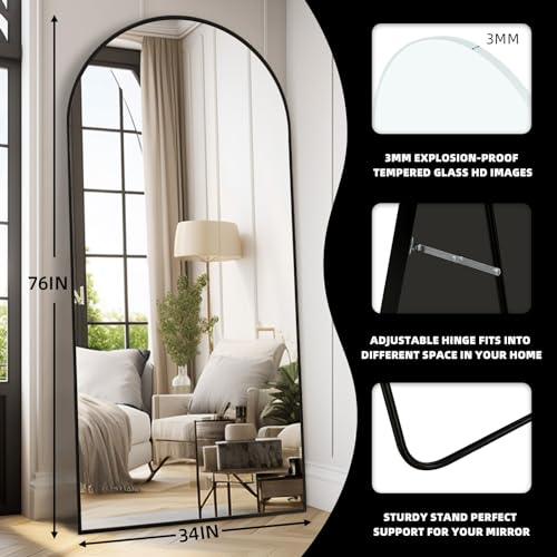 Black Arched Full Length Mirror, 76x34 Oversized Mirrors with Stand, Aluminum Full Length Floor Mirror with Arched-Top, Floor Standing Mirrors for Bedroom, Living Room