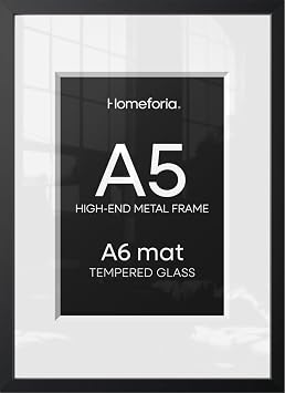 A5 Black Picture Frame, High-End Metal, A6 Mat, Glass | High End Aluminum, Tempered Glass, Acid-Free A6 Removable Mat, A5 Edge-to-Edge Display, Wall Kit, Set Of 1