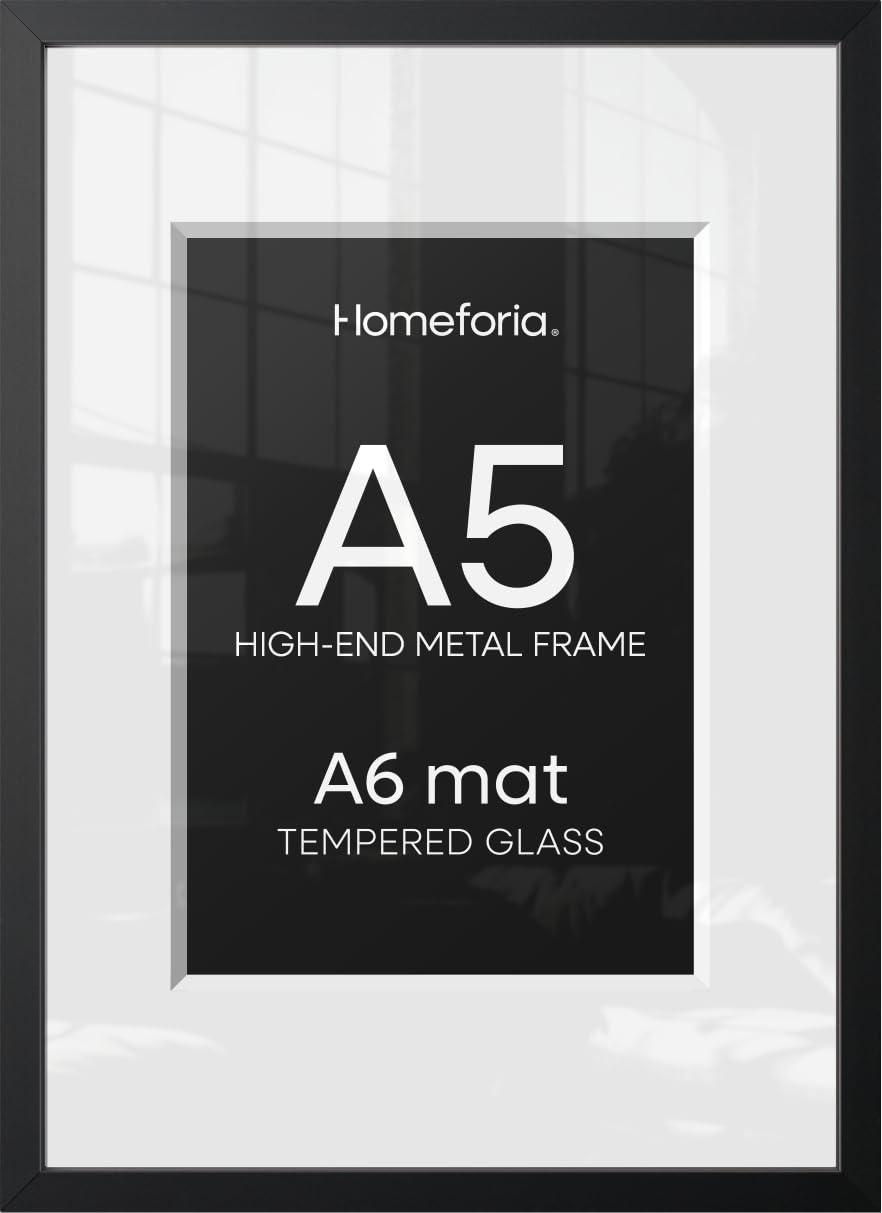 Homeforia A5 Black Picture Frame, High-End Metal, A6 Mat, Glass