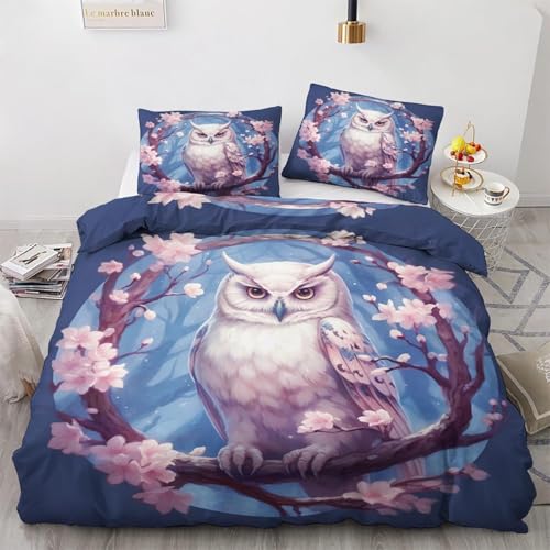 LLSZAHD Parure de lit 220x240 Adulte Hibou Housse de Couette 2 Personnes Chouette Blanche Sets de Housses de Couettes en Microfibre avec Fermeture éclair...