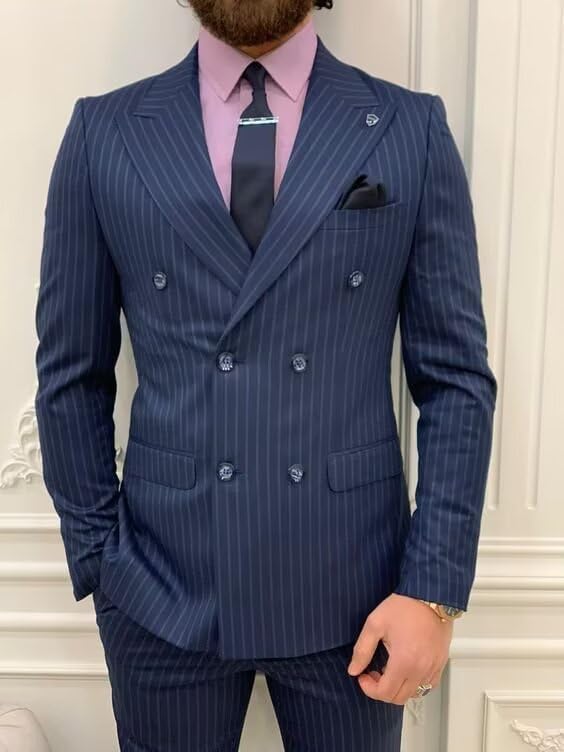 2 Piece Men's Suits Pinstripe Double Breasted Tuxedo Suit for Men Slim Fit Formal Blazer Jacket Pants3