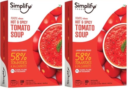 Image of Simplify Foods Hot & Spicy Tomato Instant Soup | Made with 58% Real Tomato | Pack of 2 (Makes 500ml) | Just Add Hot Water | No Cooking Required | Clean Label | 0% Additives or Preservatives