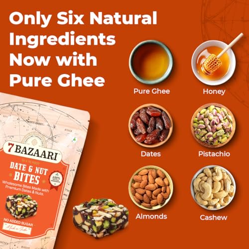 Image of 7 BAZAARI Date & Nut Bites - Dates Sweet with Pistachios, Cashews, Almonds, Honey & Pure Ghee Healthy Dry Fruit Barfi No Added Sugar, Gluten-Free Snack, Natural Energy Bites 10pcs-15g each Pack of 4