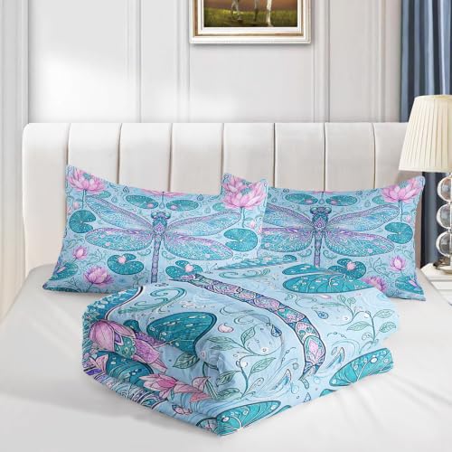 Image of AILONEN Full Comforter Set 3 Piece, Aqua Dragonfly Lotus 3D Printed Bedding with 2 Pillowcases, Soft Breathable Microfiber Serene Decor for Guest Room