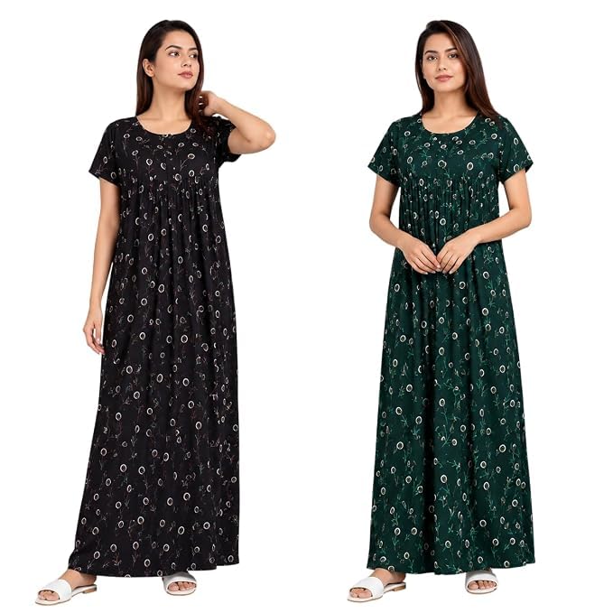 Image of Nighty for Women Pure Cotton Combo Pack of 2 | Green