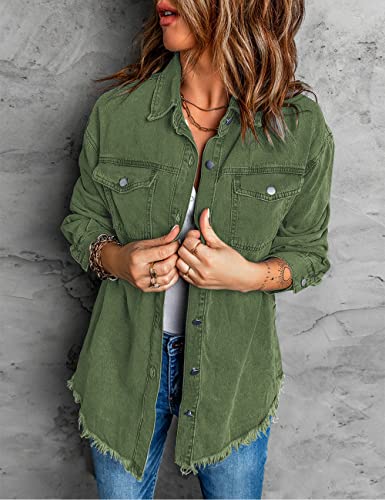Vetinee Women's Womens Spring Jacket Oversized Boyfriend Elm Green Front Button Up Frayed Raw Hem Long Sleeve Pockets Denim Jean Jacket Shacket Large Size 12 Size 14 #TOP5