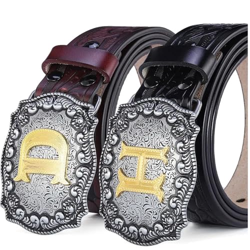 Western Belt Men Leather Belts For Men Women Cowboy Cowgirl Big Letters Buckle Gold Male Belts Long Black Brown2