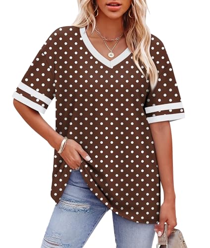 Image of WIHOLL Womens T Shirts Loose Fit Short Sleeve Tees V Neck Color Block Summer Tops 2026 Fashion S-4XL