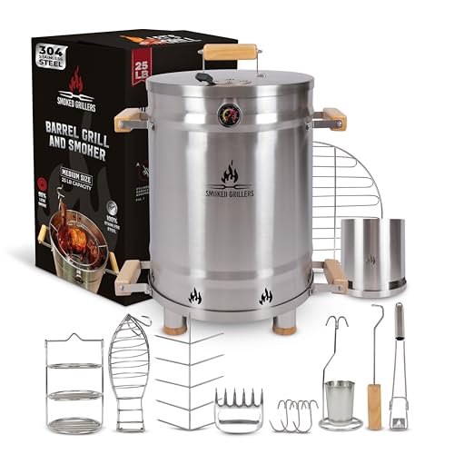 Smoked Grillers Barrel Smoker Combo, Stainless Steel, 25 lbs