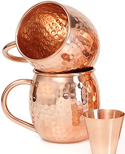 Willow & Everett Set of 2 Moscow Mule Copper Mugs with Shot Glass - 2 16oz Copper Moscow Mule Mugs - Solid Copper Hammered Mug - Copper Cups for Moscow Mules