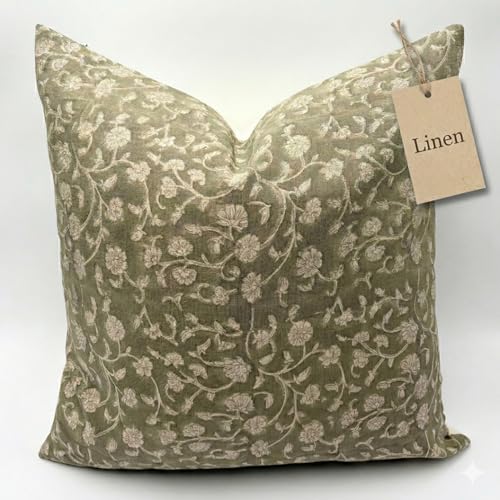 Line and Loop Linen Throw Pillow Covers 20x20 inch Floral Pillows Green Spring Decorative Pillow Covers for Living Room, Bedroom