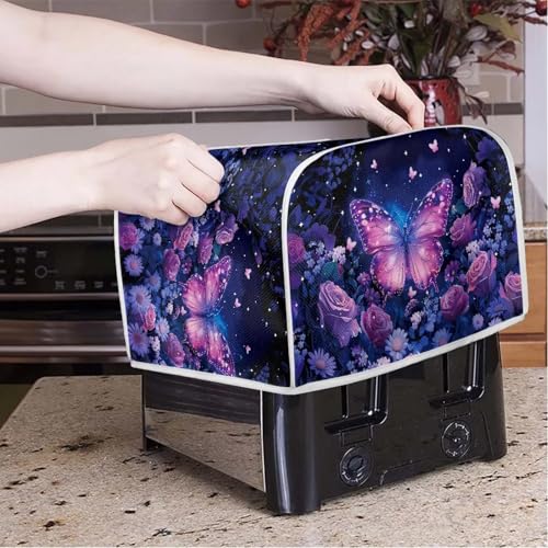 Image of Talayituse Butterfly Rose Daisy Flower Print Toaster Cover 4 Slice Wide Slot, Lightweight Dust Protection Washable Appliance Bag Bread Maker Cover, M