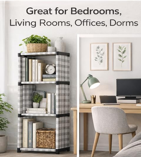 Image of 4-Tier Book Rack Bookshelf, Multi-Level Storage Organizer for Books, Magazines, Office Supplies, Space-Saving Design,Black Frame with Grey Check Pattern with Heavy Fabric Cover Modular Storage Shelf