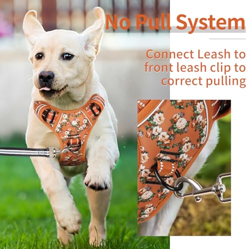 HEELE Hundegeschirr, Hundegeschirre mittelgroße Hunde mit Griff reflektierendes Hundegeschirr gepolstertes Brustgeschirr No Pull Geschirr Hund Verstellbar, Blume-Orange, M