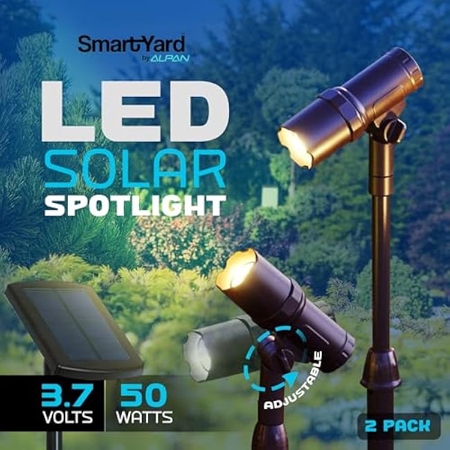 Solar Powered Spotlight, 2 Pack, 50 Lumens, Adjustable Height - Easy to Install, Waterproof LED Solar Outdoor Spot Lights for Yard, Garden, Patio, Tree, Landscape - Includes 15 Panel