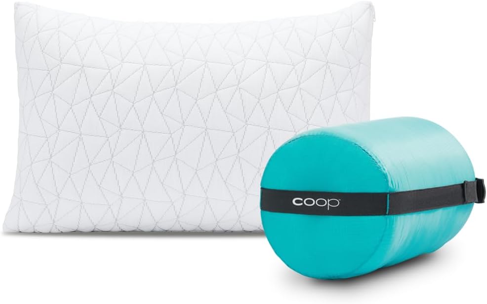 Coop Home Goods Adjustable Travel Pillow -Small Camping Pillow For Sleeping with Compressible Stuff Sack- Medium-Firm Memory Foam Lulltra Washable Cover - CertiPUR-US/GREENGUARD Gold Certified (19x13)