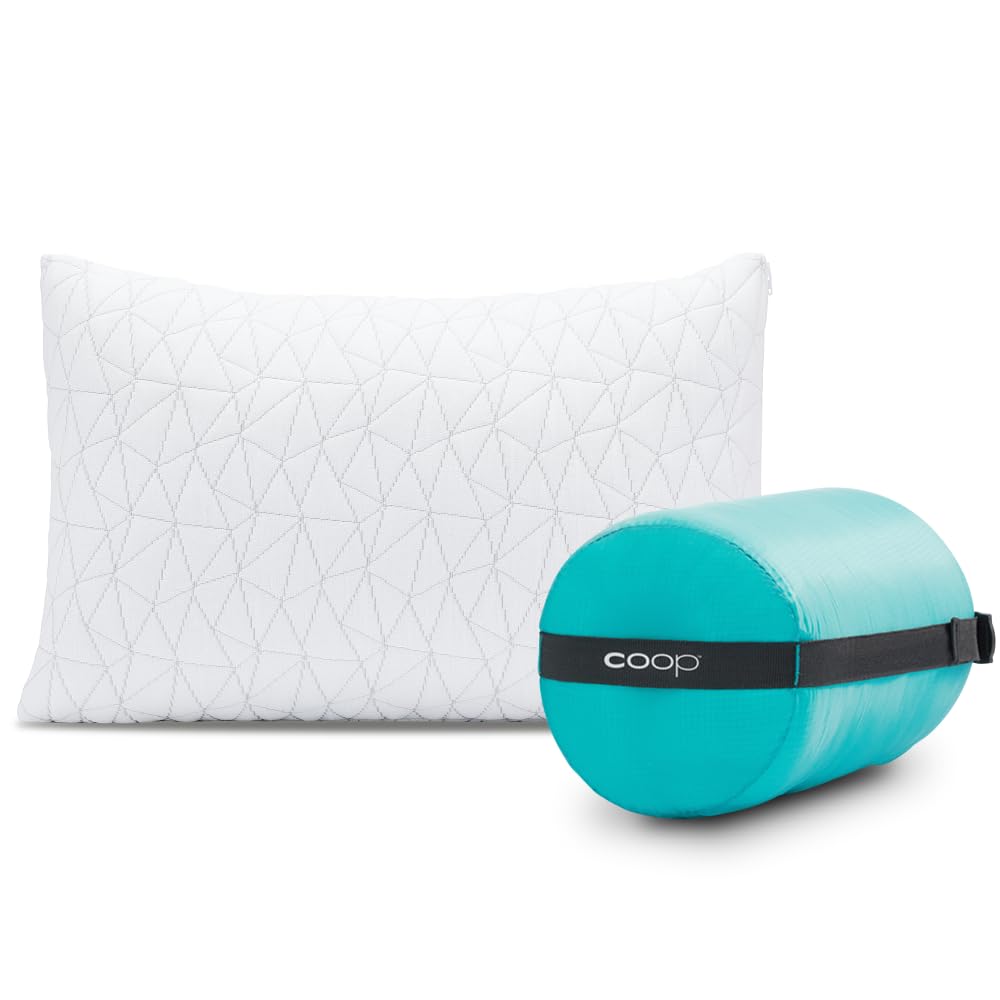 Coop Home Goods Adjustable Travel Pillow -Small Camping Pillow For Sleeping with Compressible Stuff Sack- Medium-Firm Memory Foam Lulltra Washable Cover - CertiPUR-US/GREENGUARD Gold Certified (19x13)