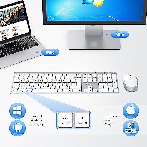 iClever Clavier Souris sans Fil, 2,4GHz Ensembles Clavier et Souris Silencieux, Ultra-Fin, USB-C Batterie Longue Durée, pour Windows, PC, Laptop, Computer AZERTY Français- Blanc Argent