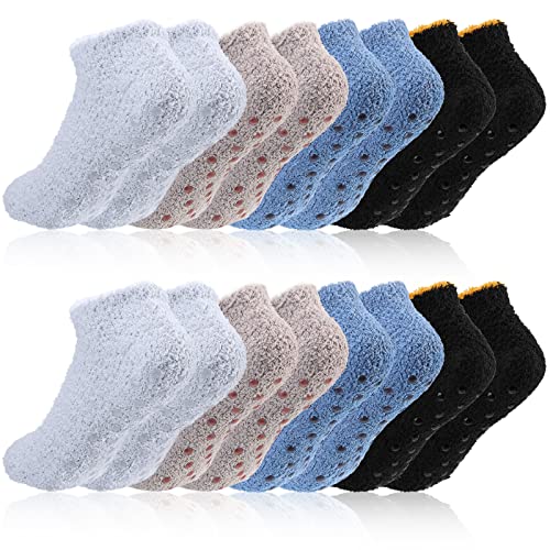 Jeyiour 8 Pairs Fuzzy Socks with Grips for Women Fuzzy Ankle Socks in Bulk Winter Short Slipper with Grippers Warm Non Slip Fluffy for Girls Home Hospital House