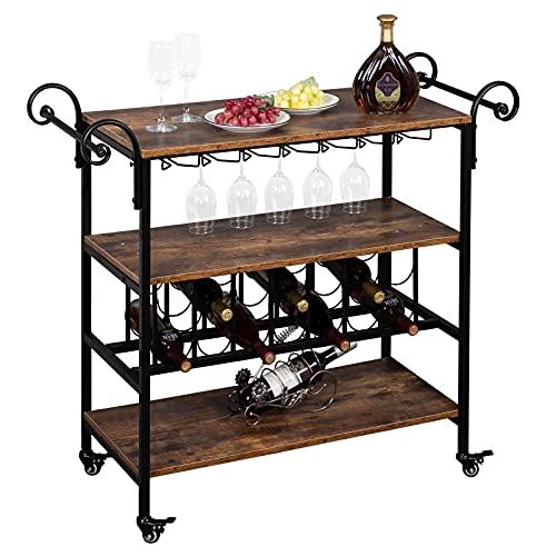 VINGLI Bar Serving Cart w/ 4 Locking Caster Wheels, Wine Storage Service Cart, Industrial Style Serving Cart Kitchen Cart Trolley w/ Glass Racks and Adjustable Handle Holder