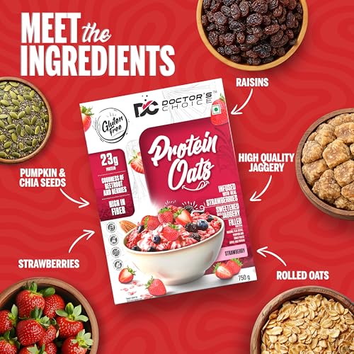 Image of Doctors Choice High Protein Oats 750g | 24g Protein Oatmeal | Natural Strawberrry Flavour | No Added Sugar | Gluten Free | High Fiber Healthy Breakfast Oats (Pack of 2)