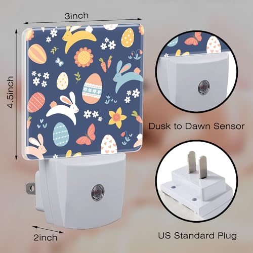 Image of Easter Bunnies and Eggs Night Light, Colorful Rabbits and Flowers Dusk to Dawn Night Light Plug in,0.5w Energy Saving Sleep Friendly NightLight for Kids Boys Girls Home Decor