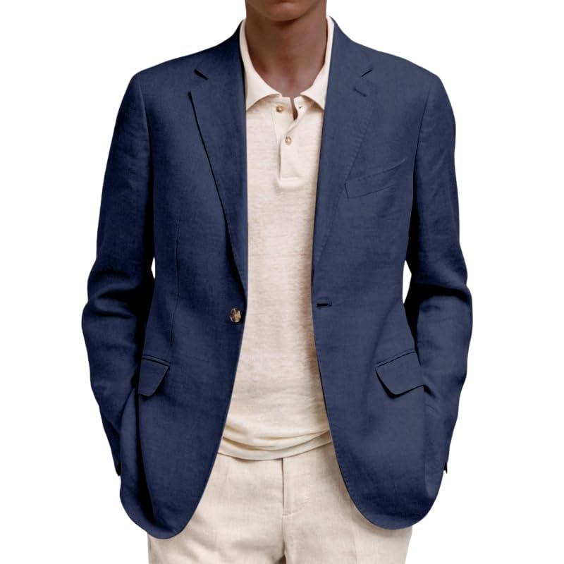 HUIANGLIYG Blazer Homme en Lin Veste Légère Un Bouton, Veste de Sport Business Décontractée À Revers Classique avec Poches pour Le Quotidien Bleu Marine...