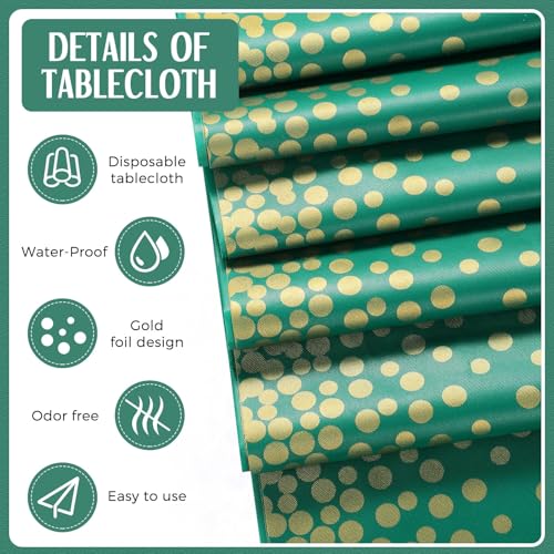 Image of Breling 24 Pack Green and Gold Disposable Plastic Tablecloths and Satin Table Runner Set, 54 x 108 Inch Tablecloth, 12 x 108 Inch Table Runners for Wedding Graduation Birthday Baby Shower New Year