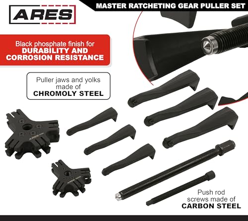 Image of ARES 15095 - Master Ratcheting Gear Puller Set - Premium Chrome Moly Steel Gear Puller Yolk Set Includes 2-Ton and 5-Ton Units - Indexing Jaws Feature Convertible 2-Leg and 3-Leg Functionality