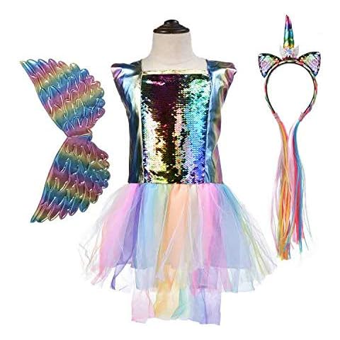 Girls Rainbow Unicorn Fancy Dress Up Costume Cosplay Party Outfit with Rainbow Tutu, Unicorn Headband and Wings (3-4 Years) Cover