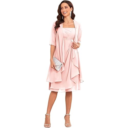 TORYEMY Mother of The Bride Dresses with Jacket 2 Pieces Half Sleeve Knee Length Chiffon Mother Groom Dress