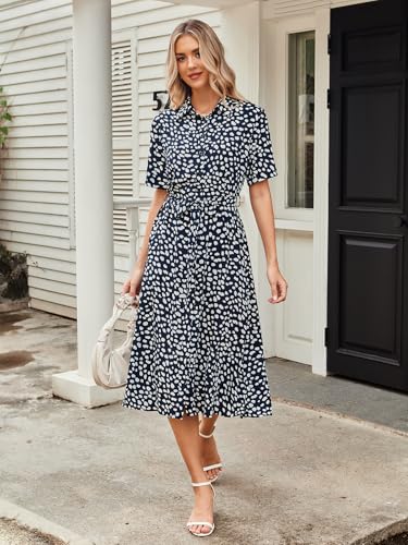 Image of BROVAVE Women's 2026 Summer Short Sleeve Work Dresses Tie Waist Button Down Animals Print Midi A-Line Shirt Dress
