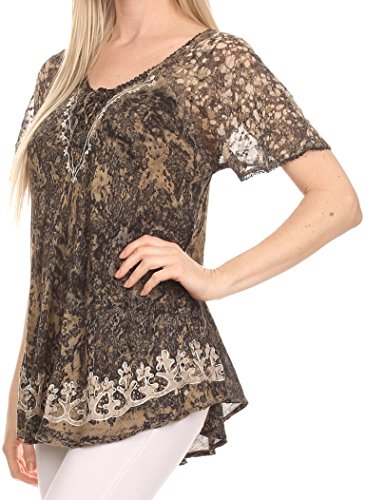 Image of Sakkas Ash Speckled Tiedye Embroidered Cap Sleeve Blouse Top with Embroidery Hems