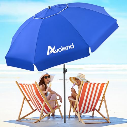 Avolend 8.5FT Large Beach Umbrella, Portable Outdoor Umbrellas for Sand with Anchor Heavy Duty High Windproof, Height Adjustable Tilt Iron Pole, UV 50+ Protection Air Vent, Patio Garden, Dark Blue