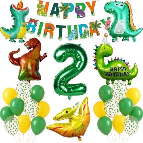 Dinosaur 2nd Birthday Decorations Boys Dino Party Supplies Set Jungle Theme Happy Birthday Banner Number 2 Foil Balloon T Rex Dino Figure Pteranodon Stegosaurus Balloons Green Photo Backdrop