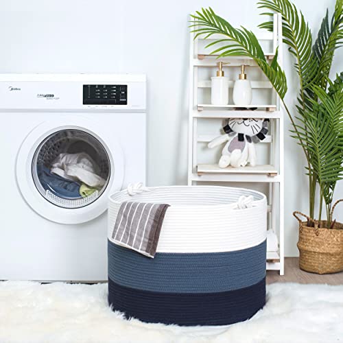 Mintwood Design Xxxxlarge 22 X 16 Inches Decorative Cotton Rope Basket, Blanket Basket Living Room, Laundry Basket, Toy Storage Baskets Bin, Round Woven Basket For Pillows, Towels, 3-Tone Blue #TOP2