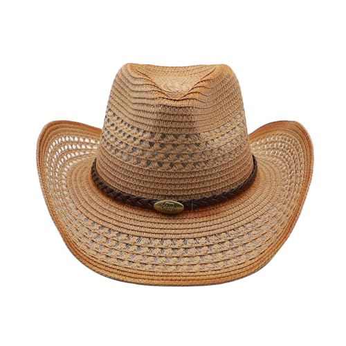 Image of Straw Cowgirl Hat for Women Cowboy Hats for Men Wide Brim Sun Hat Shapeable Western Hat Beach Hat