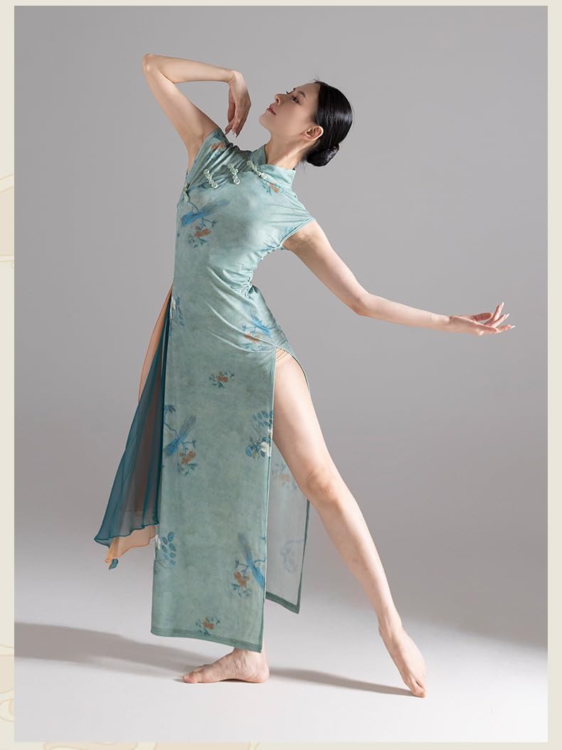 HEARTTOUCH Women Classic Dance Dress Chinese Floral Cheongsam Sheer Mesh Dresses Splits Qipao + Shorts Dancewear