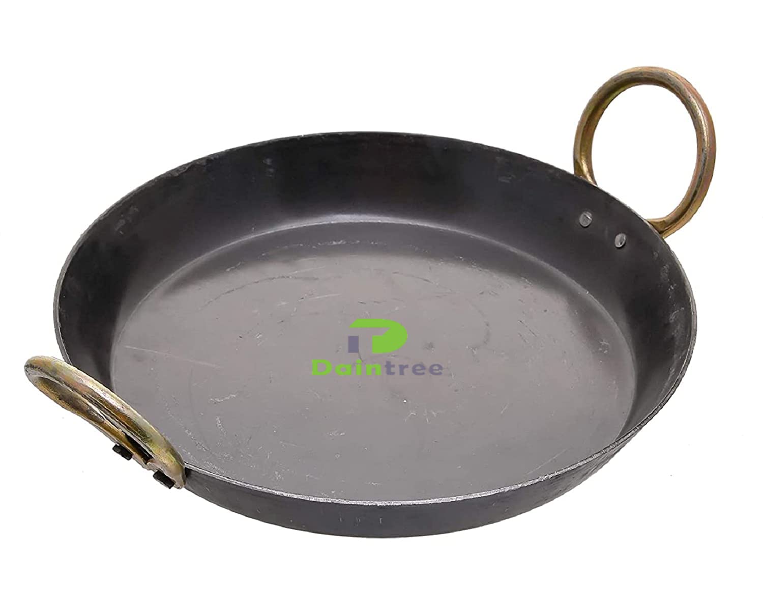 DAINTREE Heavy Base Iron Flat Bottom Tavi Kadai Fry Pan for Jalebi Dal Tadka Traditional Loha Karahi Cooking Kadhai with Handle Handcrafted Lokhand Tai for Kitchen (13 Inch)