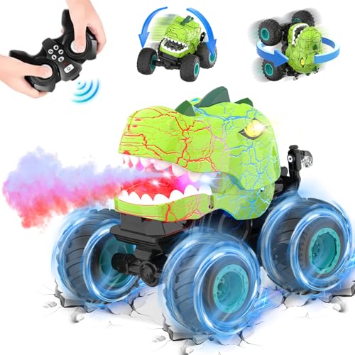 Kssvzz Dinosaure Voiture Télécommandée, 2.4GHz Dinosaure Monster Truck Telecommande avec Spray, LED et Sons, Cadeau pour Enfant de 3 4 5 6 7 8 9 10 Ans, Jouet Garcon...