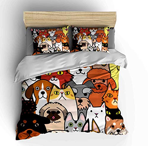 Vichonne Dogs Lover Bedding Sets Full Size,3 Piece Cartoon Style Funny Characters Pets Duvet Cover Sets with Pillowcases for Teens Boys Girls Bedroom,No Comforter