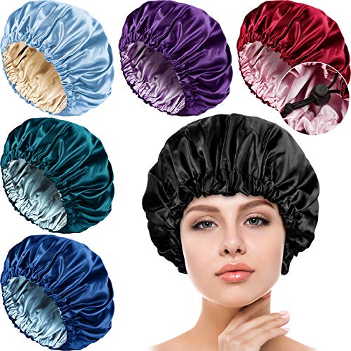6 Pieces Satin Bonnet Sleeping Cap Adjustable Double Layer Satin Hair Bonnet Cap for Sleeping Silk Hair Bonnet for Curly Natural Hair Women Girls