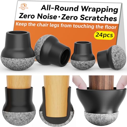 24pcs Chair Leg Floor Protectors for Hardwood Floor |Protect Wood Tile Floors Chair Leg Caps with Wrapped Felt Pads| Anti-Scratch Reduce Noise |Fit Angled Chair Legs| Black Round L Fit:1.05