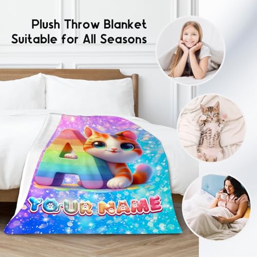 Cat Lovers Blanket with Name - Personalized Flannel Blankets for Girls - Customized Cat Theme Gifts - Cute Pattern Soft Cozy Throw for Sofa Living