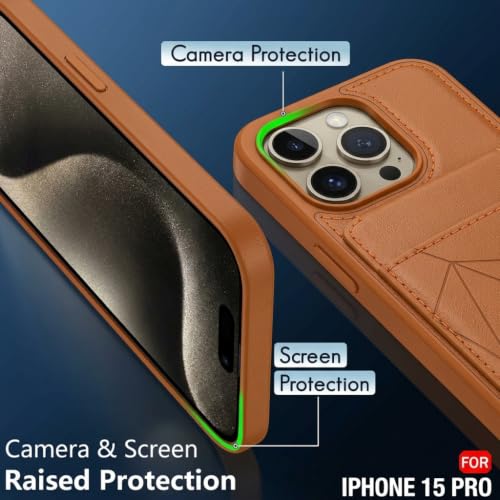 Image of amazon basics Premium Vegan Leather Back Cover with Card Holder and Integrated Mobile Stand for iPhone 15 Pro - Slim Shockproof Wallet Case with Geometric Stitching [Tan]