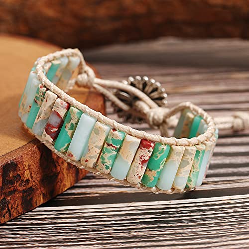 Casfine Chakra Handmade Bracelets With Natural Stone For Women, Tube Crystal Healing Energy Bead Leather Button Adjustable Bracelet Friendship Jewelry #TOP4